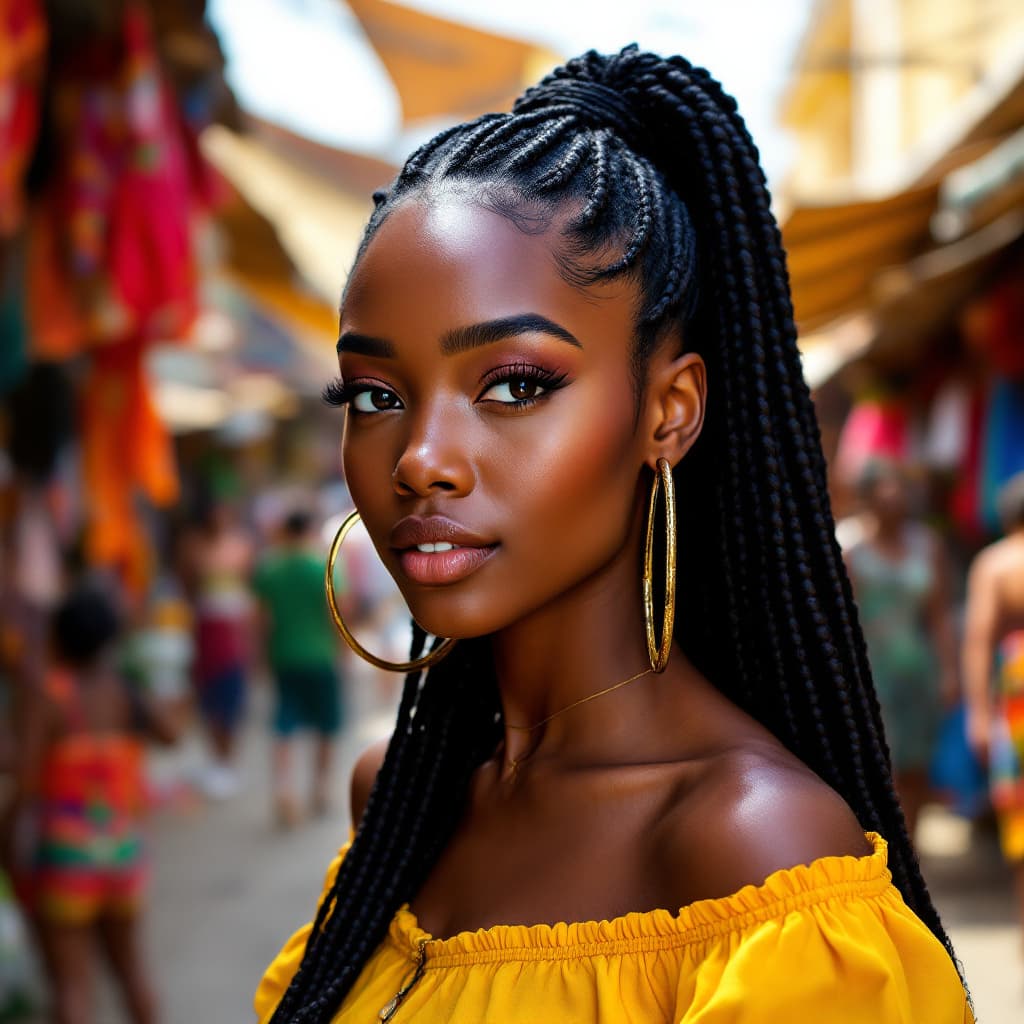 AI generated: Black Hair in Cornrows, African Ethnicity, Vibrant Style, Bustling Marketplace: A hyperrealistic por...