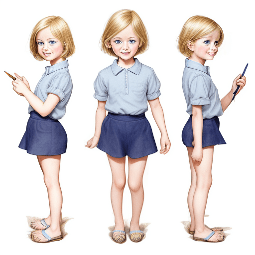 AI generated: children's illustration, girl, short blond hair, blue eyes, six years old, standing, feet showing, h...
