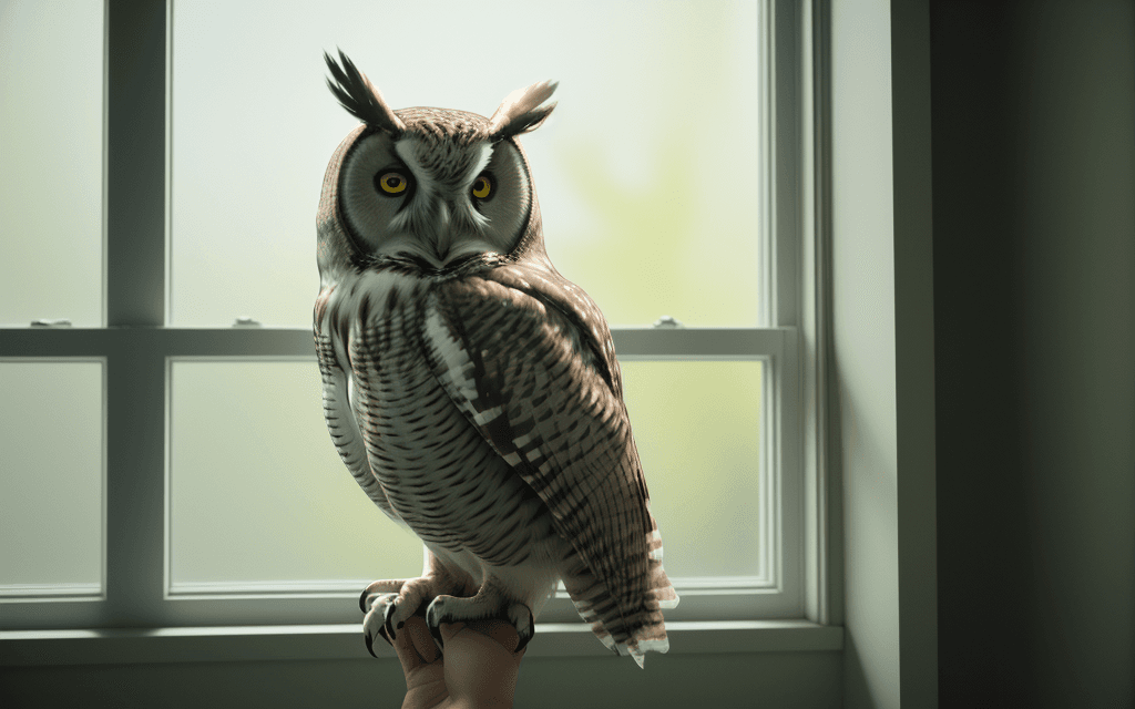 AI generated: An owl in front of the window. In variegated colors. looking at the camera.Kodakcrome 400