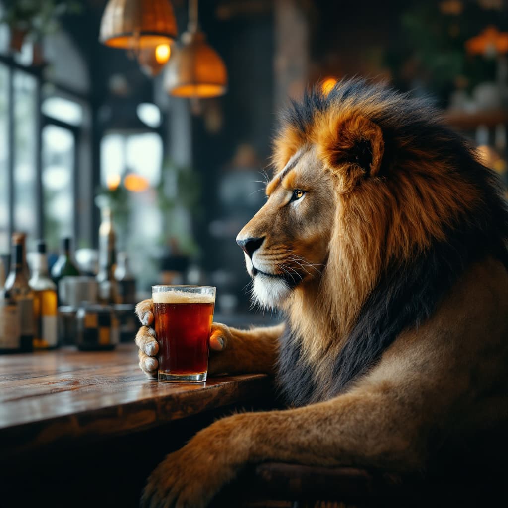 AI generated: a lion sitting in the bar drinking his favourite bear as like humans. realistic, high quality