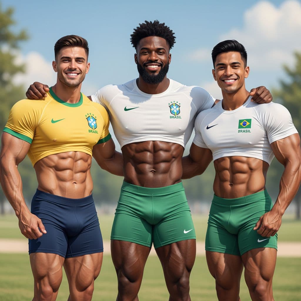 AI generated: Three incredibly muscular and handsome bodybuilders in their early 20s, radiating strength, energy, ...