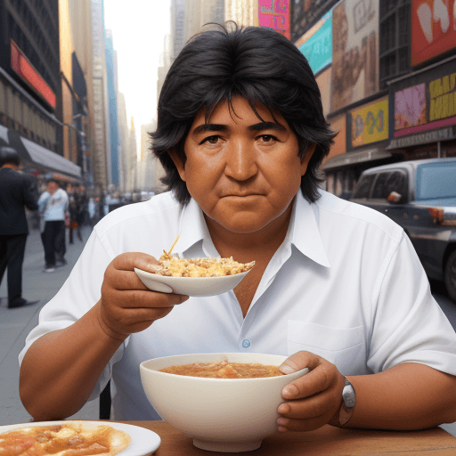 AI generated: evo morales 4k comiendo una sopita de mani en las calles de New york mirando de frente 4k
hiperreali...