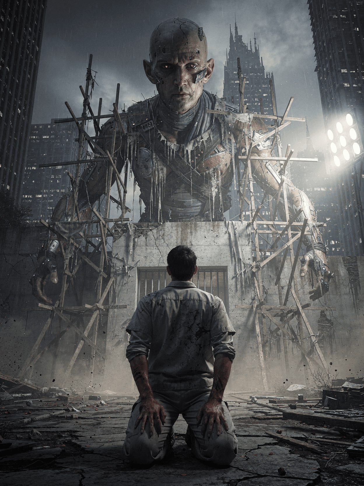 AI generated: I saw a gigantic figure with an enormous head, dressed in futuristic rags, supported by wooden scaff...