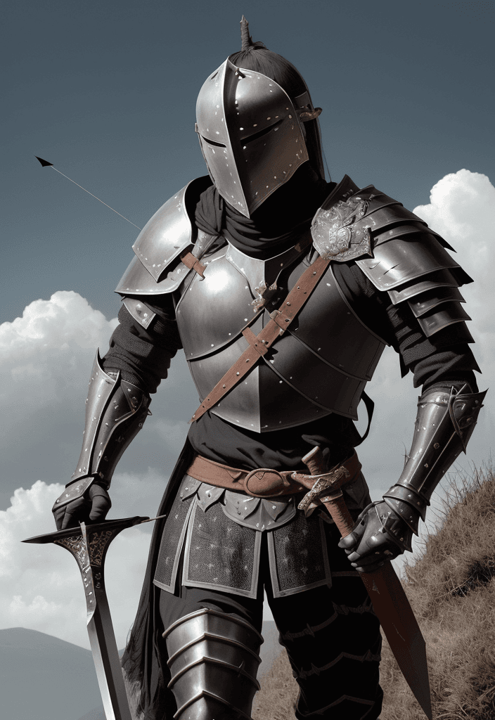 AI generated: rhadhan: a knight with a hole in his black armor in the heart position, with a slightly larger than ...