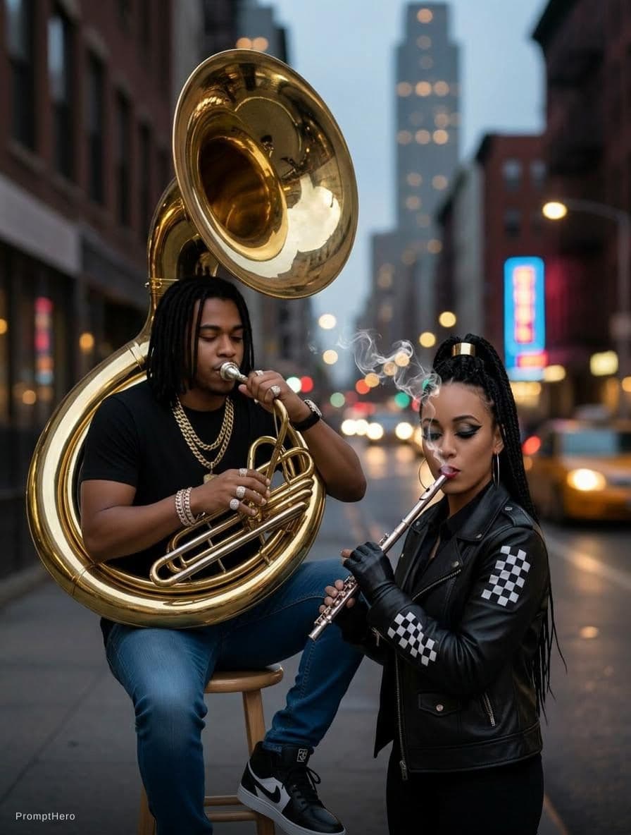 AI generated: Man plays the sousaphone and woman plays the alto flute