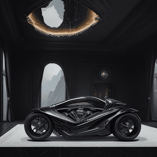 AI generated: a luxury motorcyle that is sitting inside of a building, smooth cave rock, lake house, luxury sofa, ...