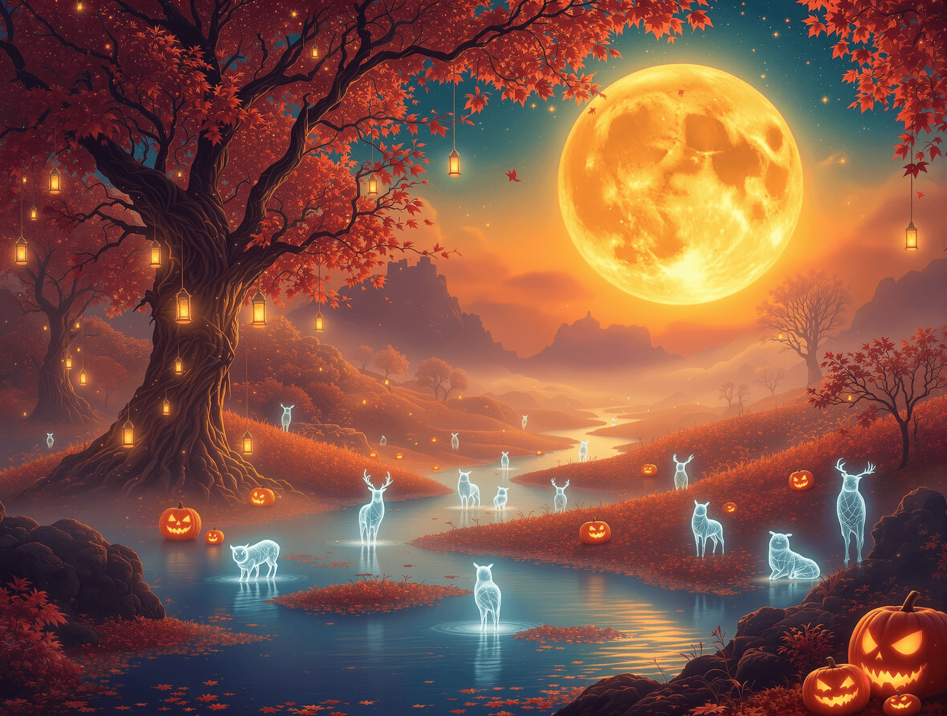 AI generated: A surreal autumn dreamscape where the season transforms into pure fantasy. The twilight sky glows wi...