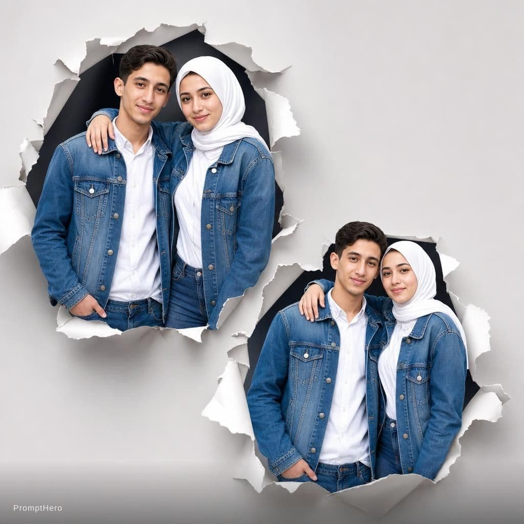AI generated: Two Moroccan couple portraits, half-body view, emerging from realistic torn paper holes on a light g...