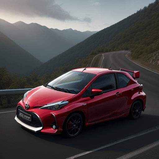 AI generated: Photo of a realistic a red Toyota Yaris GR sports car driving down a mountain road, computer graphic...