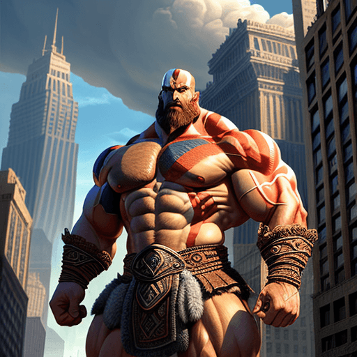 AI generated: A huge, muscular man as big as the buildings, the fantasy art of the god of war, smooth and symmetri...