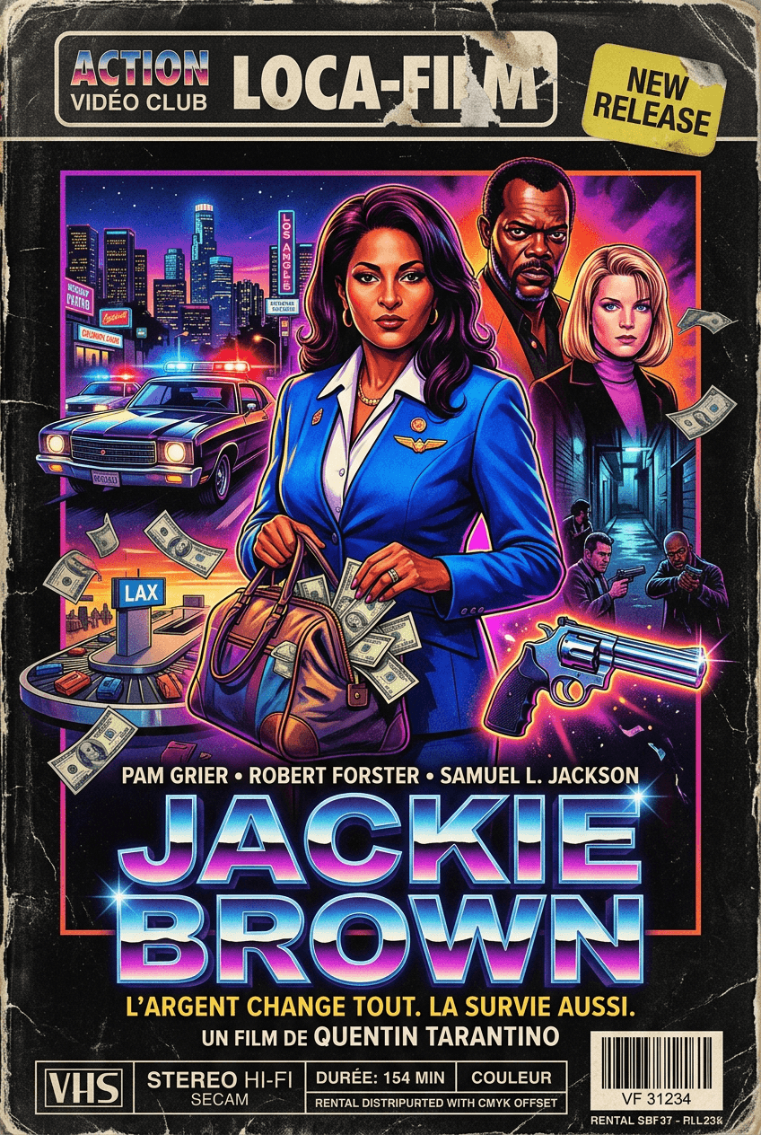 AI generated: Une jaquette VHS rétro authentique du film Jackie Brown, dans le pur style des anciennes cassettes d...