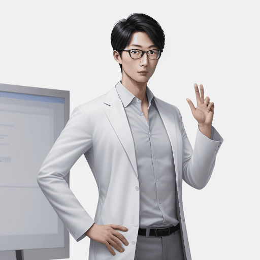 AI generated: Generate an image of a confident and handsome South Korean male researcher wearing a white lab coat,...