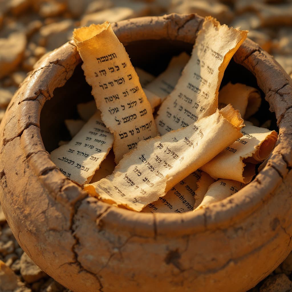 AI generated: Close-up, ultra-realistic photograph of a cracked clay jar partially filled with ancient parchment f...