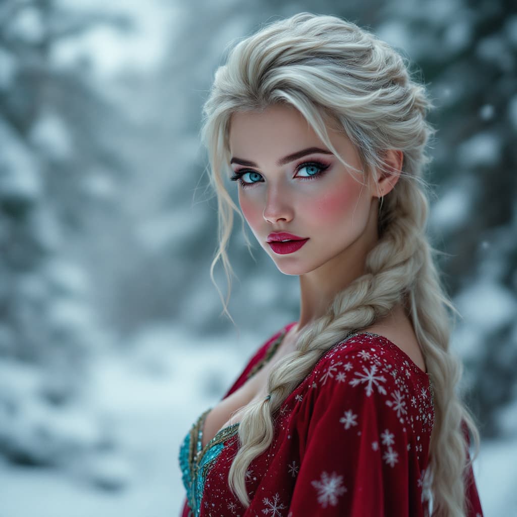 AI generated: (real female in Elsa outfit) , red dress winter background, (((full body visible) )), looking at vie...