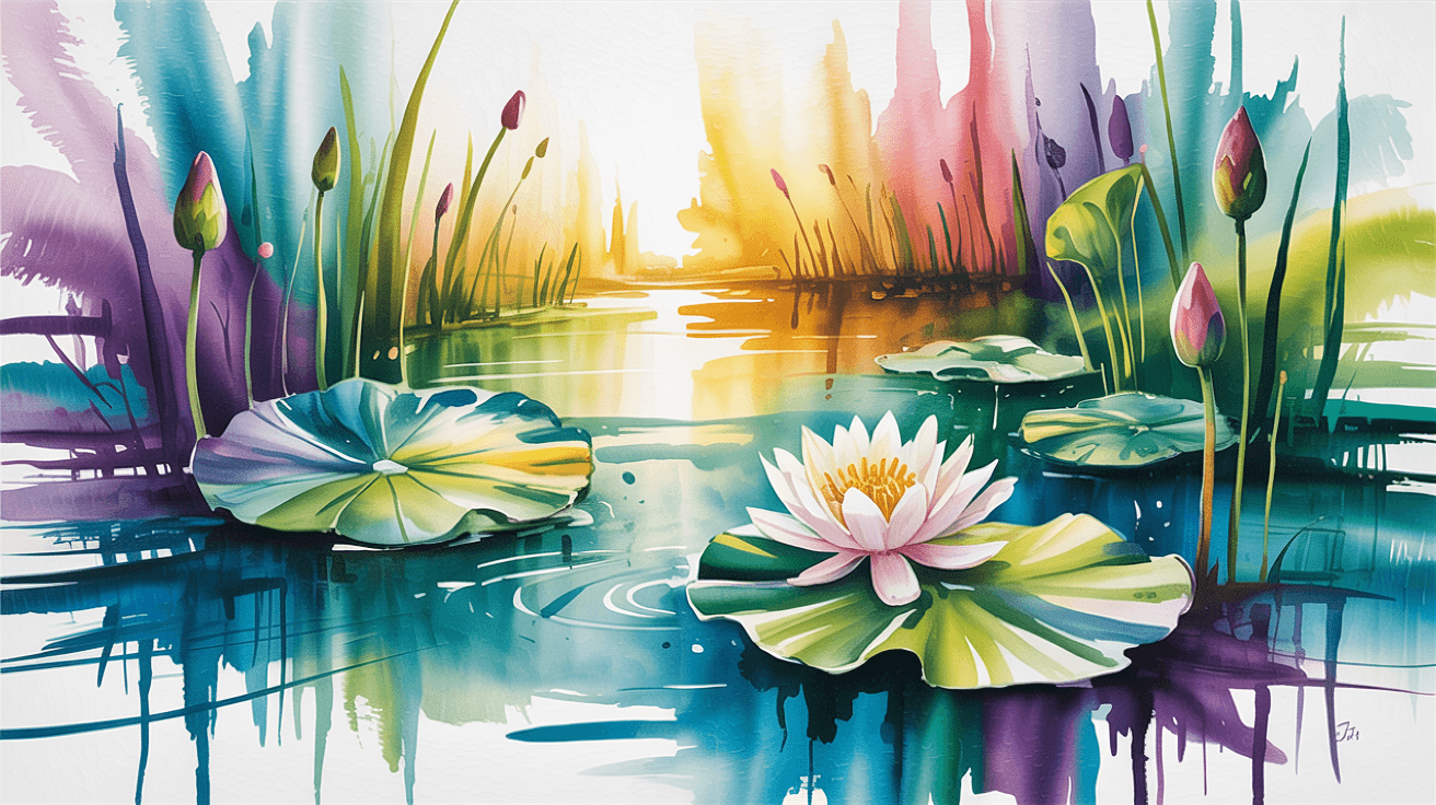 AI generated: Turquoise pond with white lotus Splash art style. Soft watercolour textures. Expressive brushstrokes...