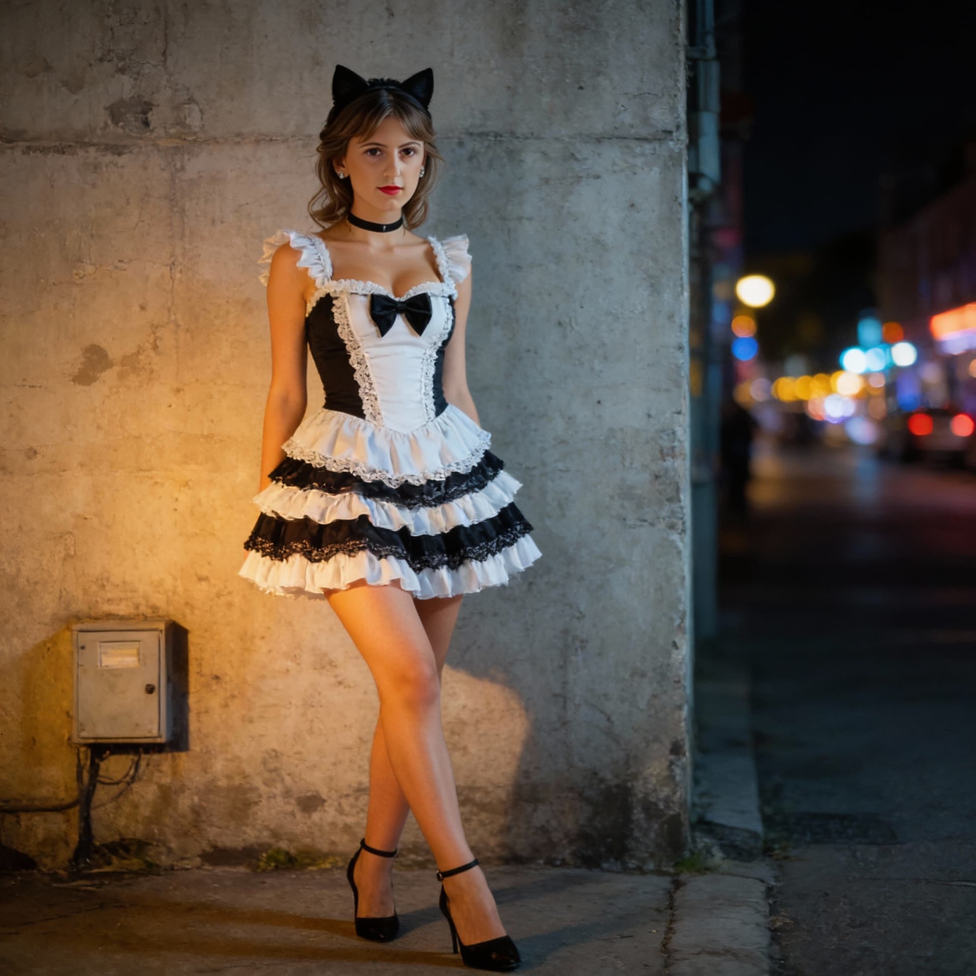 AI generated: A full-body photograph of a young woman in a form-fitting and very short French maid costume standin...