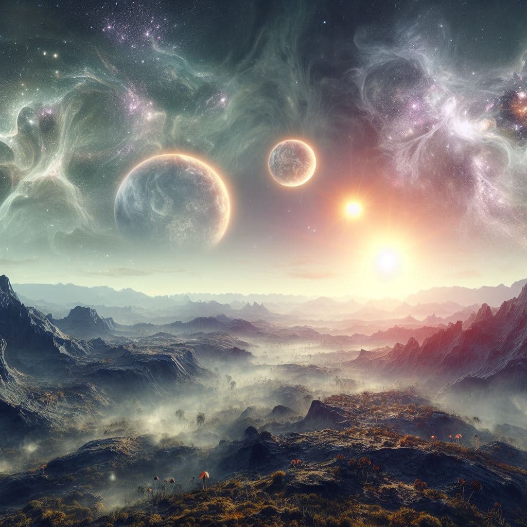 AI generated: an extraterrestrial planet with extraterrestrial fauna and flora, very detailed, foggy, alien sky wi...