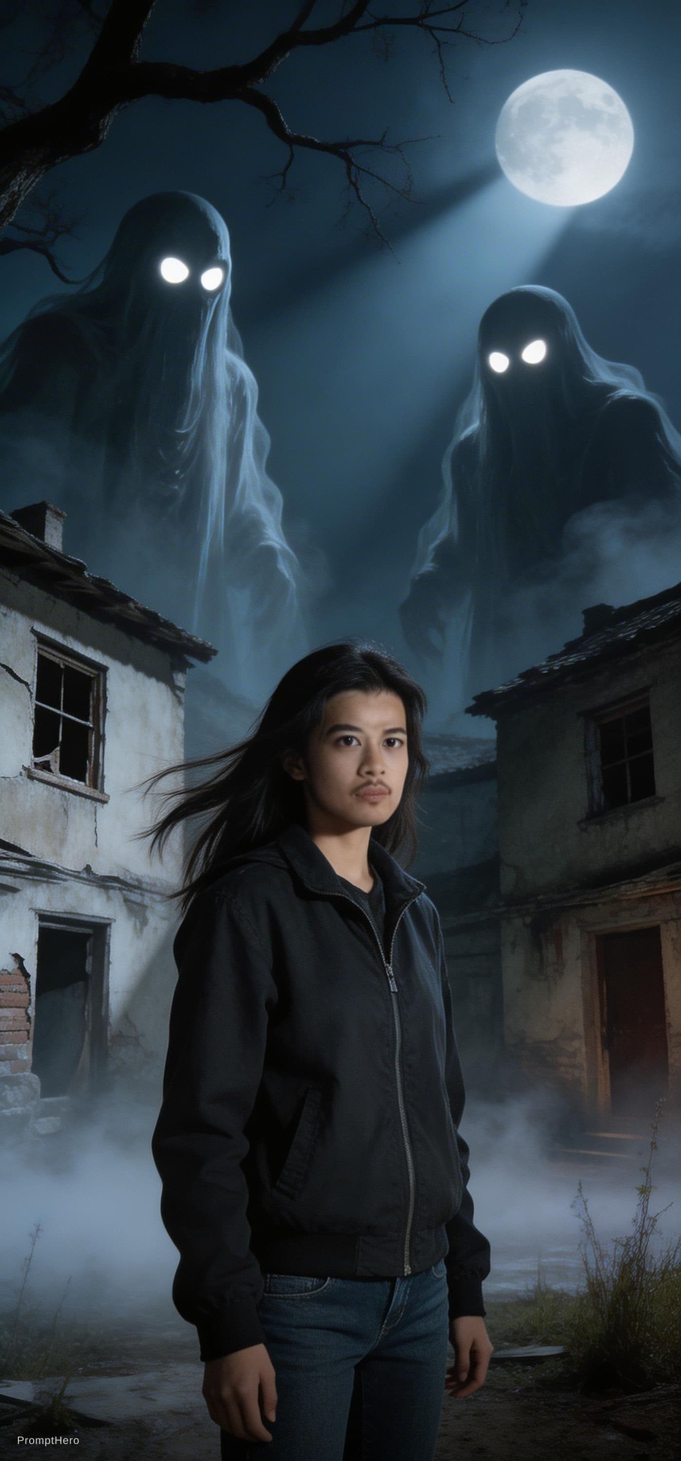 AI generated: Ultra detailed cinematic horror scene. A brave young girl standing in an old abandoned village at ni...