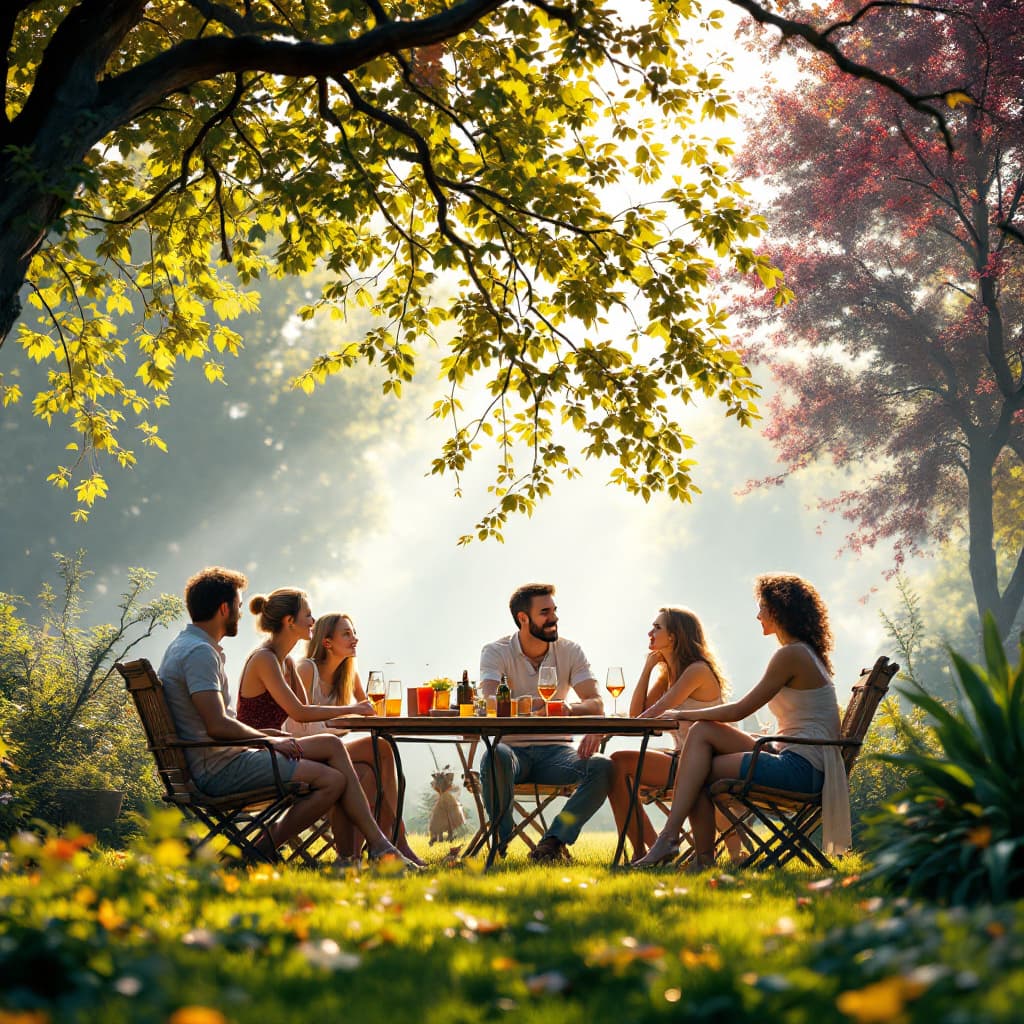 AI generated: Several people socializing, in the yard, around a table, in the morning  (work of art) (best quality...