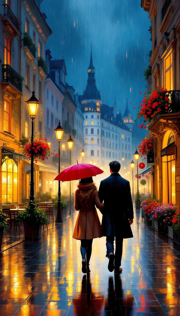 AI generated: A romantic oil painting in the impasto style of Leonid Afremov, set on Spiegelgasse — a narrow, wind...