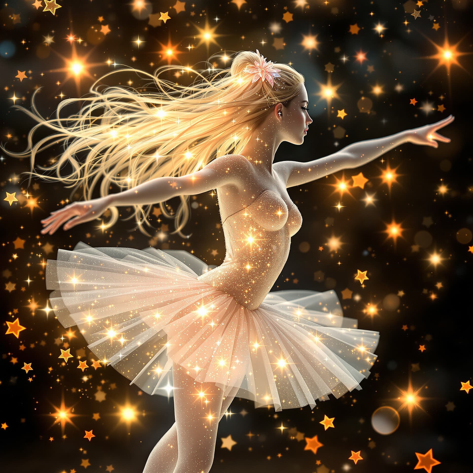 AI generated: Transparent ballerina, long hair and short skirt girl made glitter and sparkle. Deep color. Stars an...