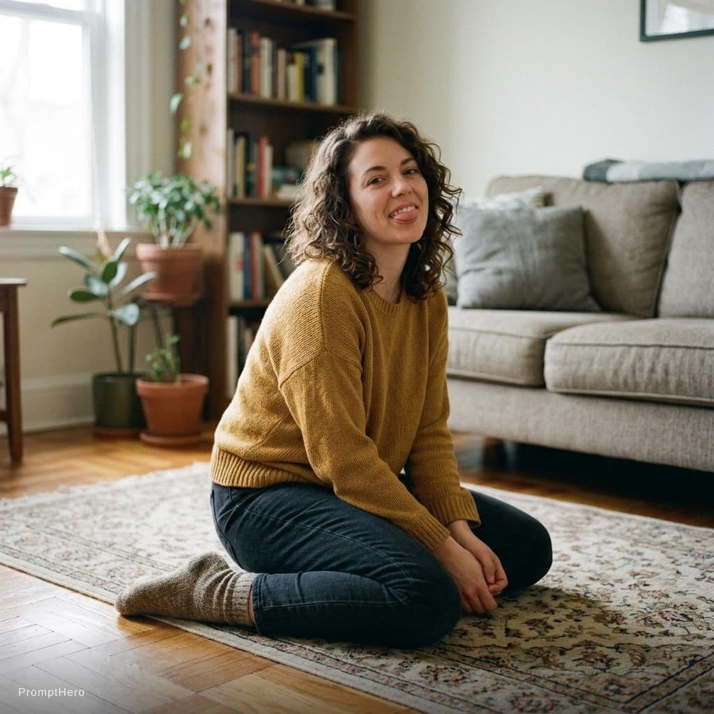 AI generated: Make her sit on her knees on the floor and have her tongue out