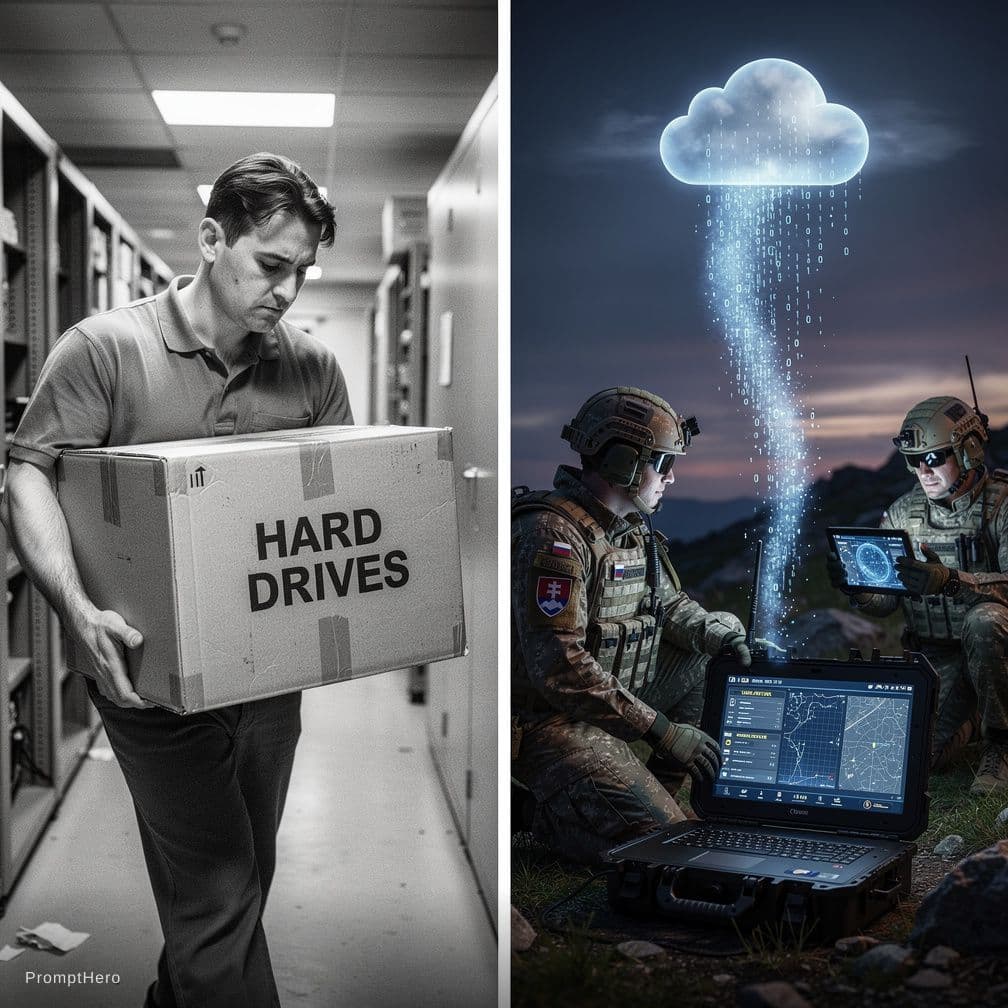 AI generated: A split-screen composition. Left side: a black and white, grainy photo of a person carrying a heavy ...