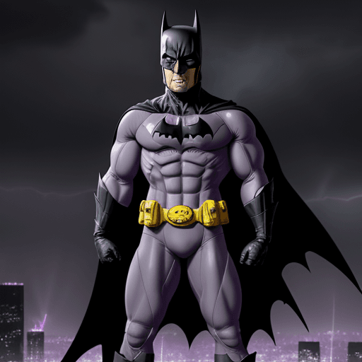 AI generated: bart simpson in a purple and grey Batman suit,with a yellow utility belt in a dark rainy night with ...
