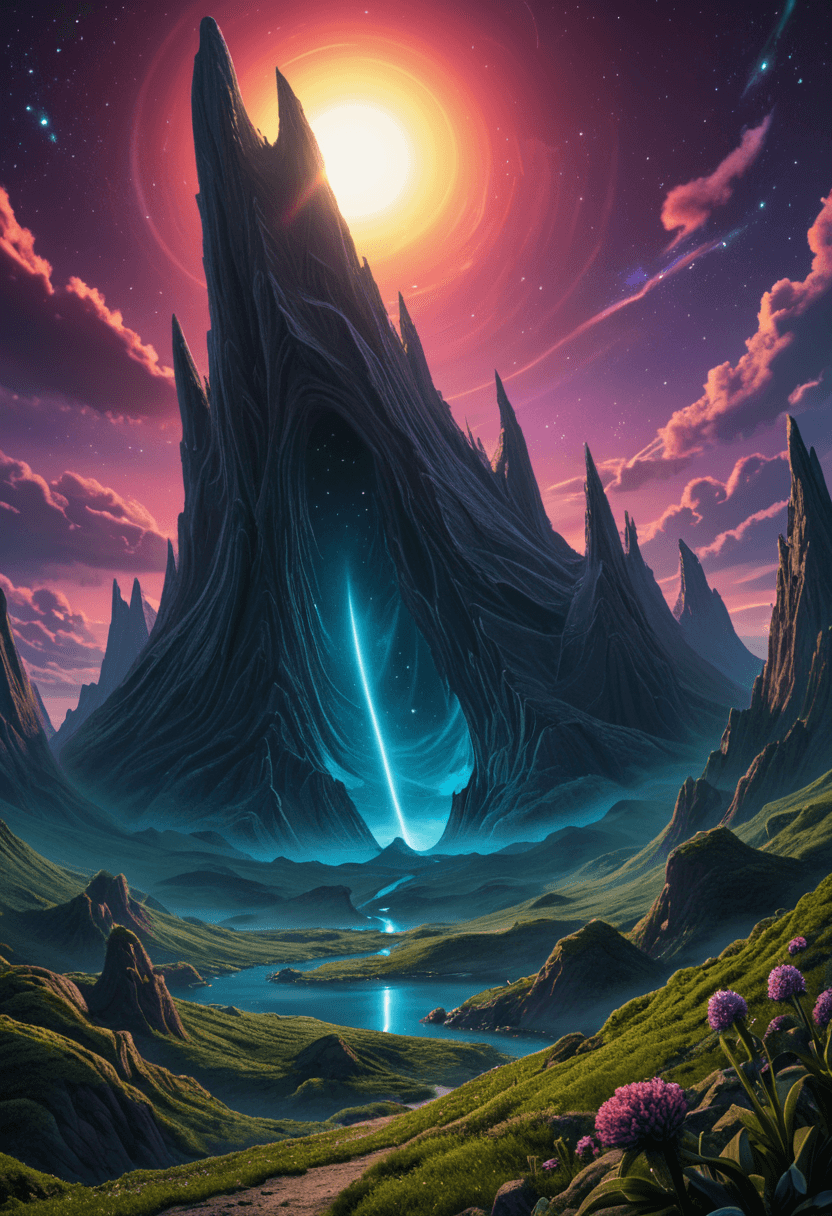 AI generated: Fantasy landscape,sunset,dynamic colors,bioluminescent alien plants,nebula,highres,realistic
