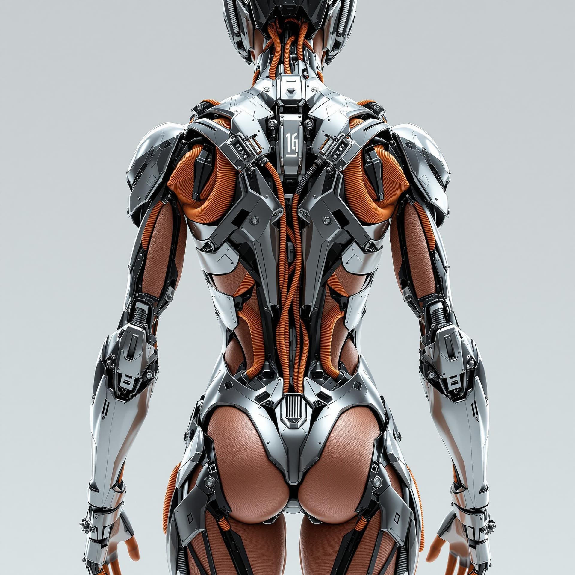 AI generated: close-up rear view, body, perfect composition, model with advanced cybernetic enhancements, capturin...