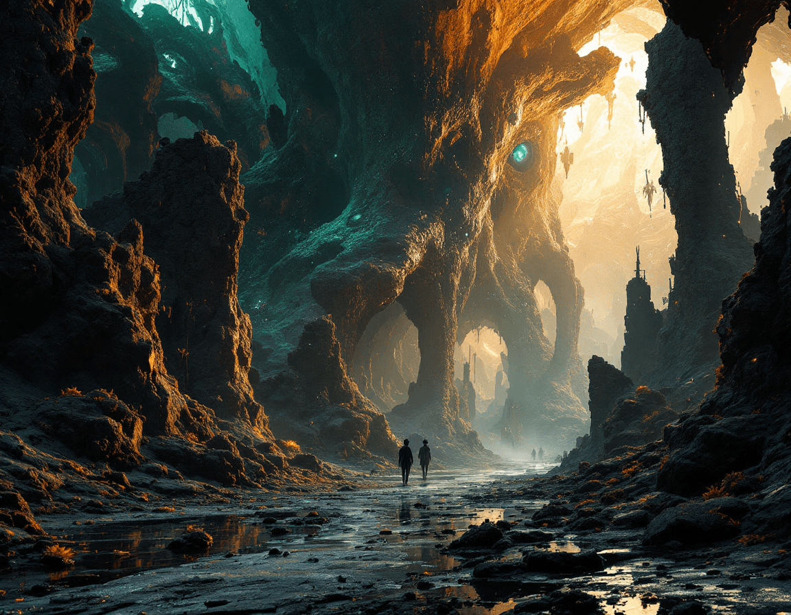 AI generated: Create a (random image of a bizarre science fiction scene:1.6), (otherworldly life:1.6), dreamlike, ...