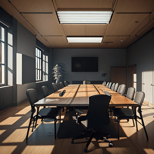 AI generated: a conference room with a wooden table and black chairs, 15 mm octane render, dramatic lighting 8k re...