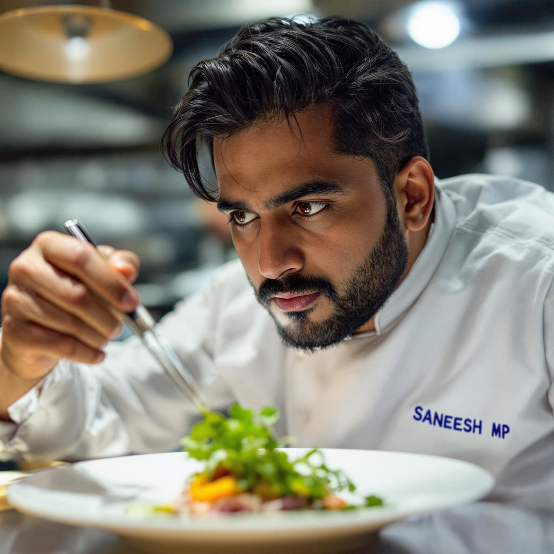 AI generated: A close-up of a passionate Indian chef in his late 30s as he plates a gourmet dish. He has a neatly ...