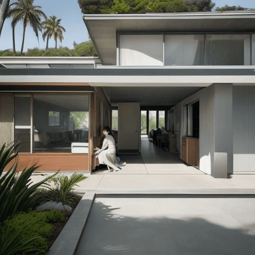 AI generated: Hyper realistic eye level exterior photo of a mid century modern style house overlooking the ocean, ...