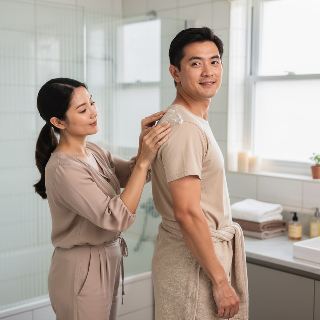 AI generated: Mother oiling her 18+ son before bath