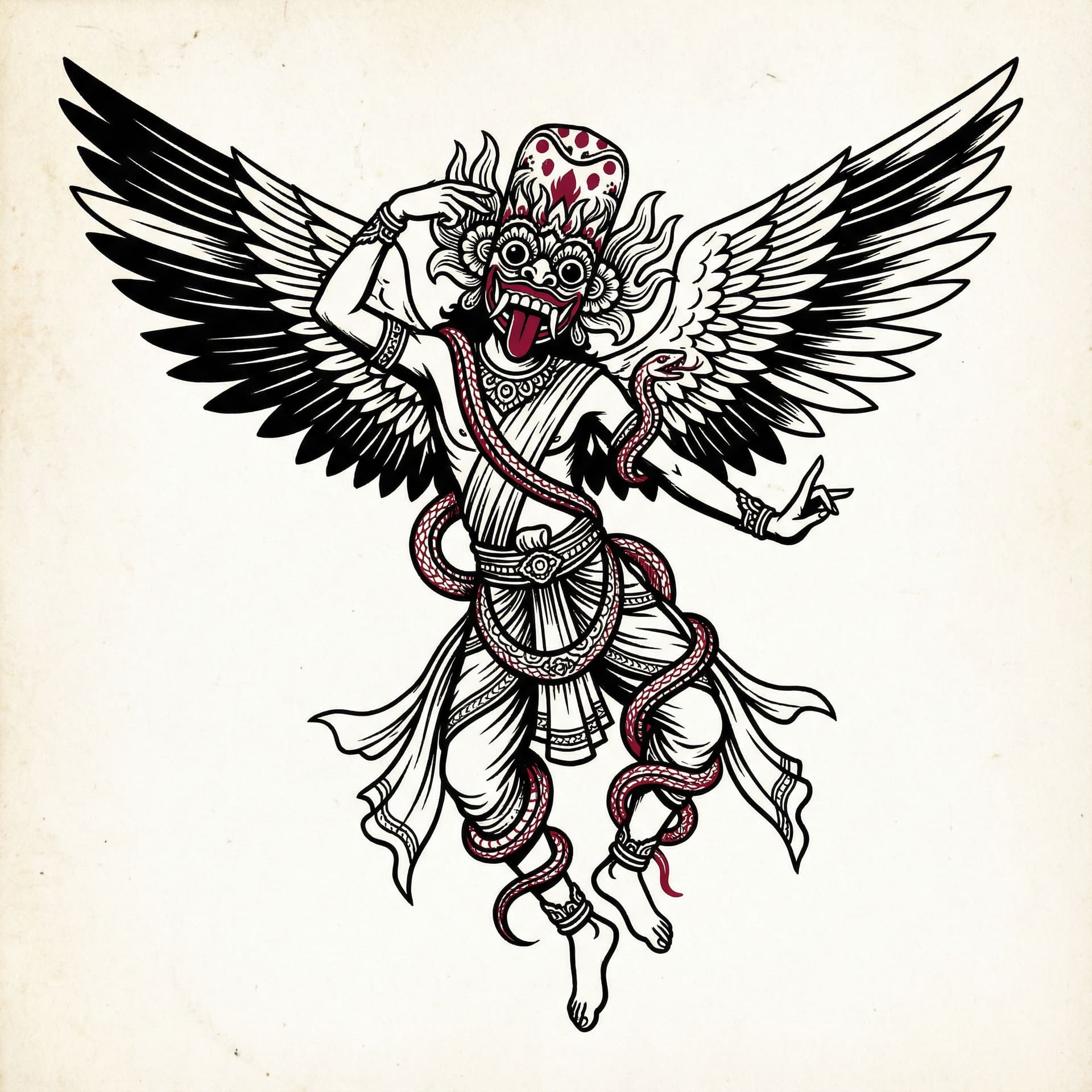 AI generated: An ancient Sri Lankan Gurulu Raksha winged devil dancer, depicted in full body from a dynamic three-...