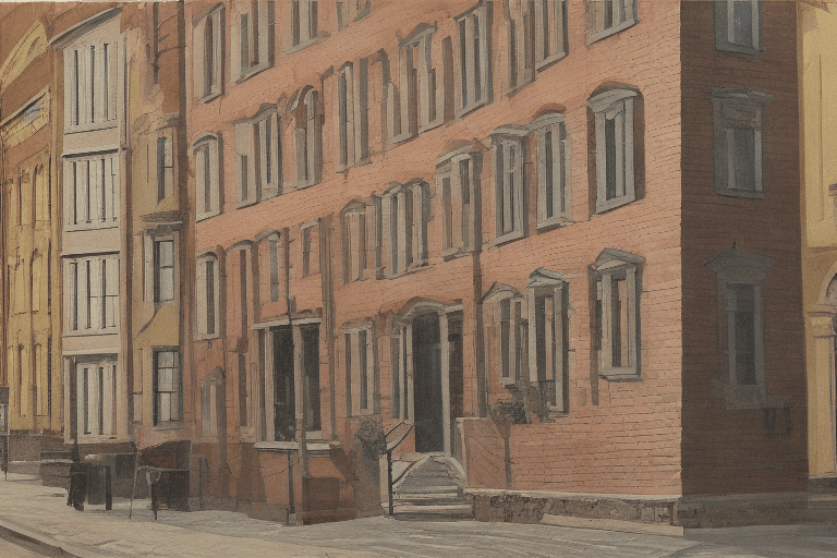 AI generated: NORDIC FACADE, architecture 19th century, beige brick street corner, realistic painting