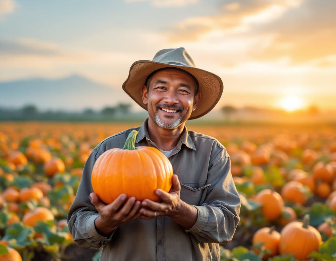 AI generated: portrait of Indonesian male farmer holding harvested pumpkin, looking at camera, wearing caping hat,...