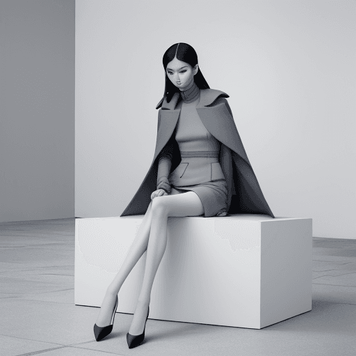 AI generated: a woman sitting on top of a white cube, official jil sander editorial, blue and grey tones, trending...