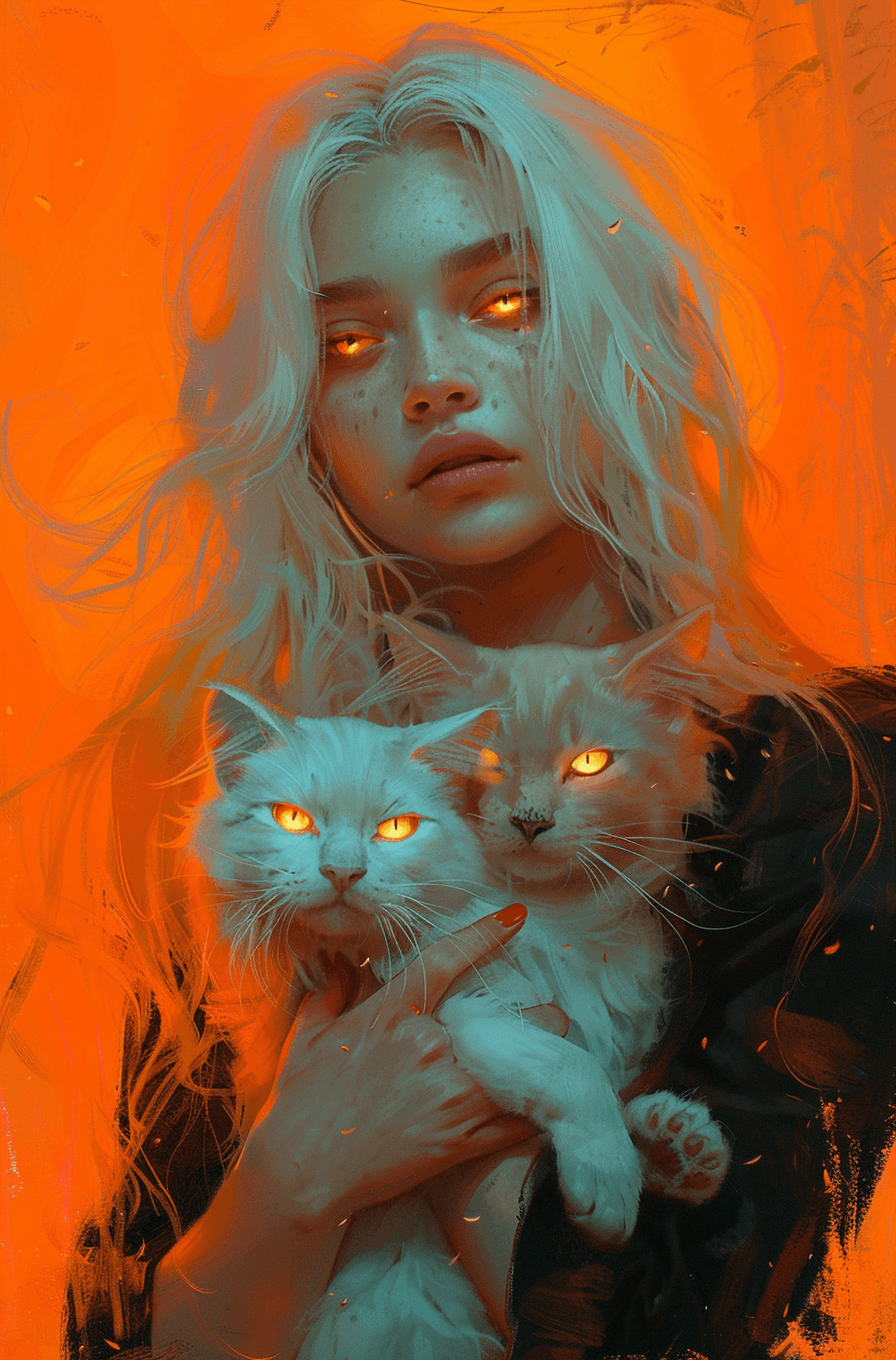 AI generated: girl with white hair holding two cats in the orange light, in the style of artgerm, chiaroscuro port...