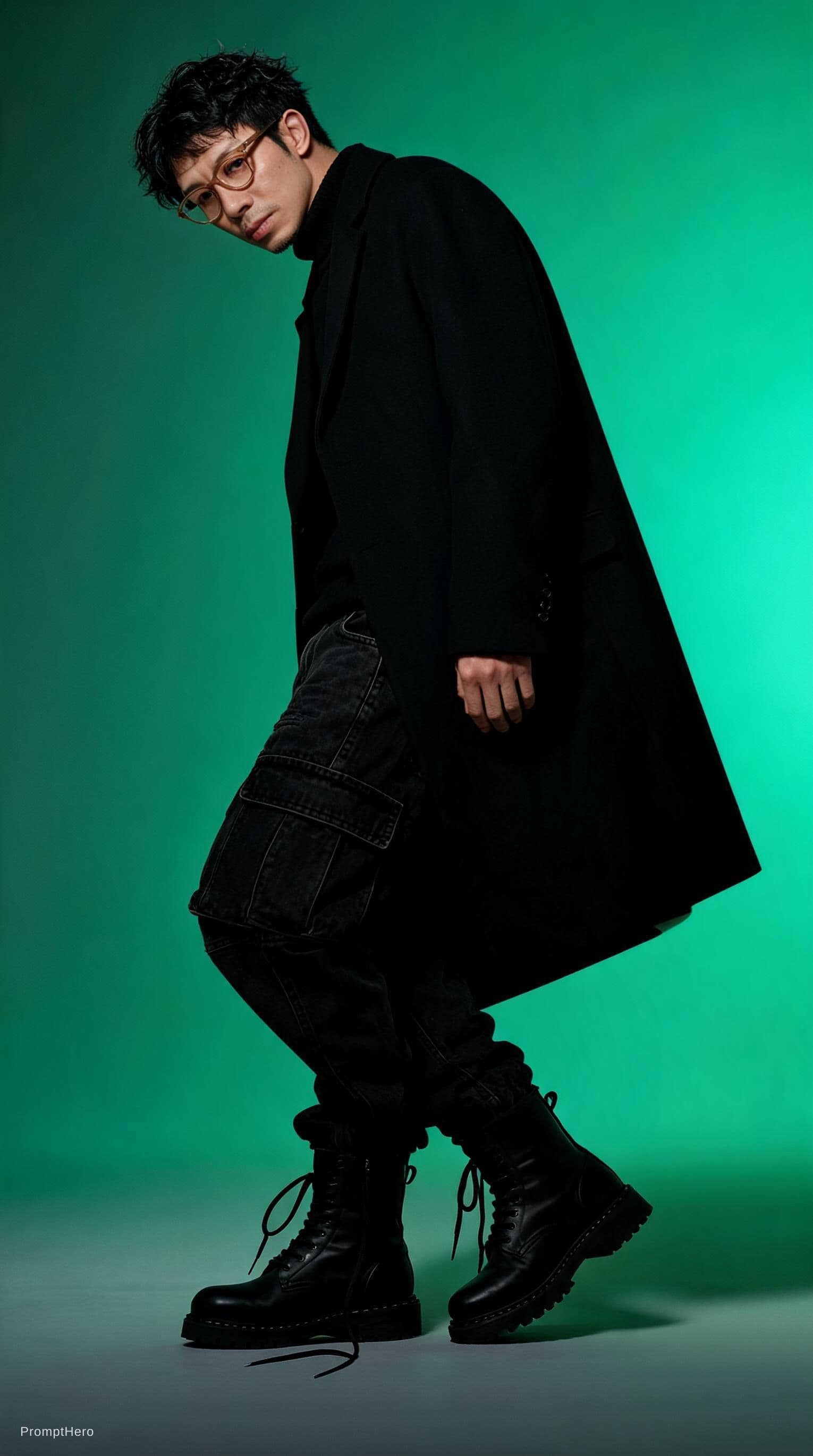 AI generated: 面部需要按照参考图，photography, upper body, male model in dramatic side pose, leaning backwards at 15-degree ...