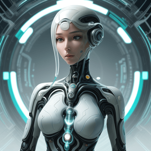 AI generated: artistic rendering of a woman seamlessly integrated with futuristic technology. The image should con...