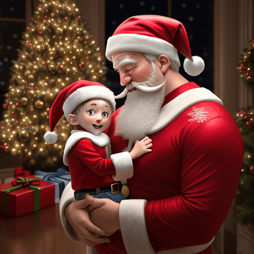 AI generated: a father and his son disguised as Santa, immersed in the Christmas spirit. The setting includes a ra...