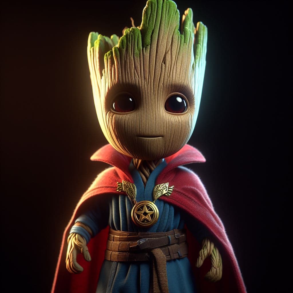AI generated: Baby Groot of Marvel, disfrazado de Doctor Strange, masterpiece, 8K, octane render, ray-tracing