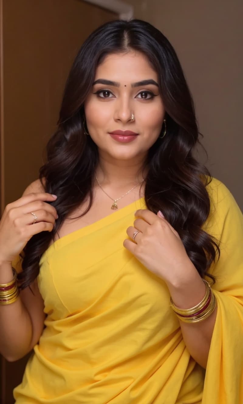AI generated: Kiara advani, 18-21 years old, brown hair, Indian hair style, mustered yellow saree, light gold chai...