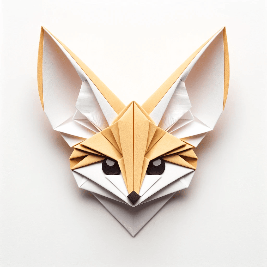 AI generated: A photo of a flat fennec fox head origami logo, predominantly tan and white, viewed straight-on agai...