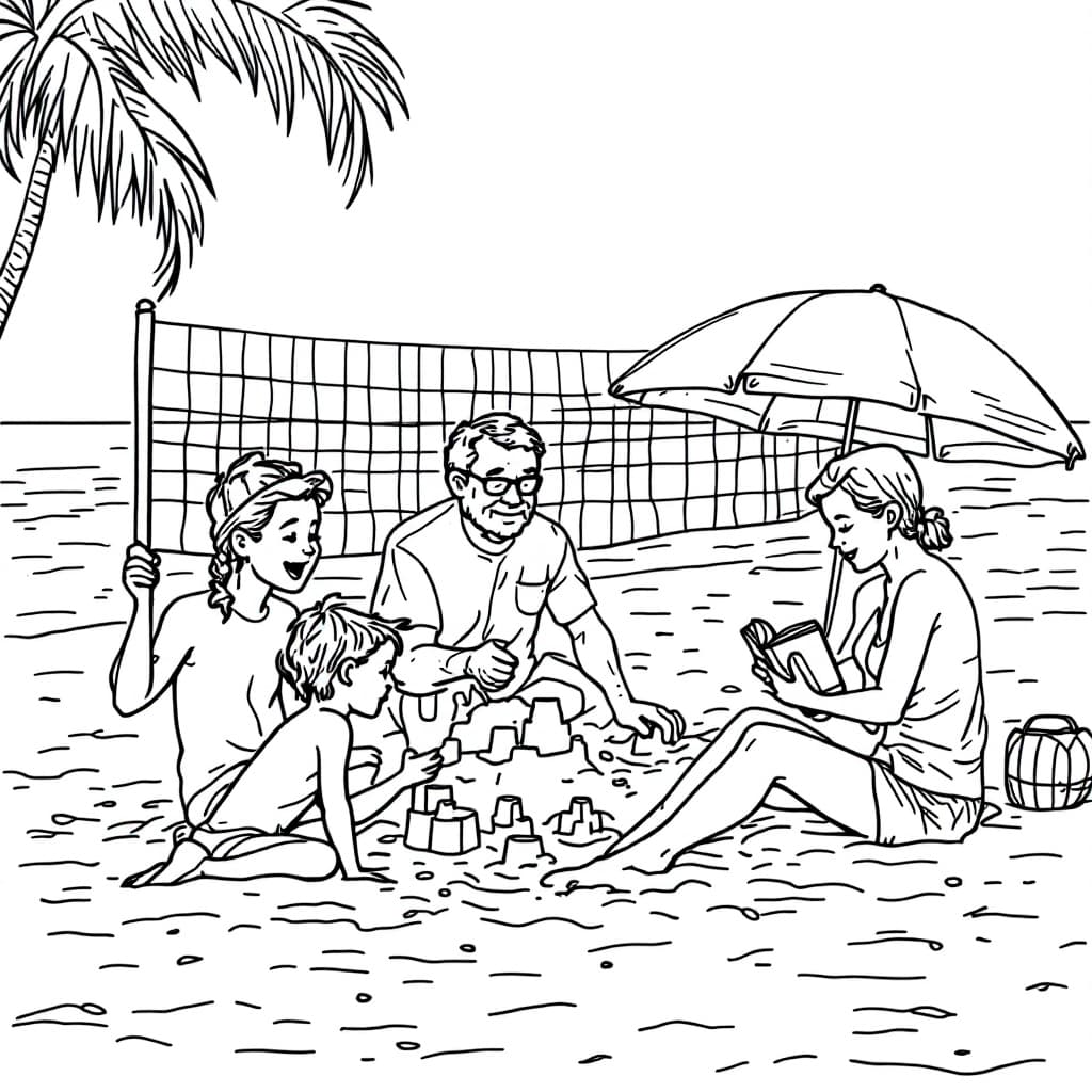 AI generated: High-resolution black-and-white line drawing of a day at the beach: A family at the beach building s...