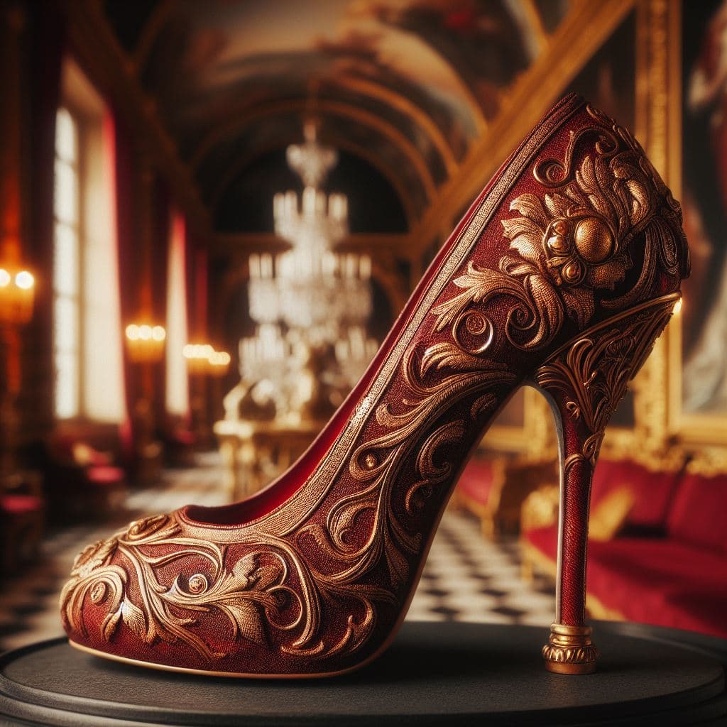 AI generated: Royal Footwear Display, Close-up shot of the intricately designed red high heel pumps of King Louis ...