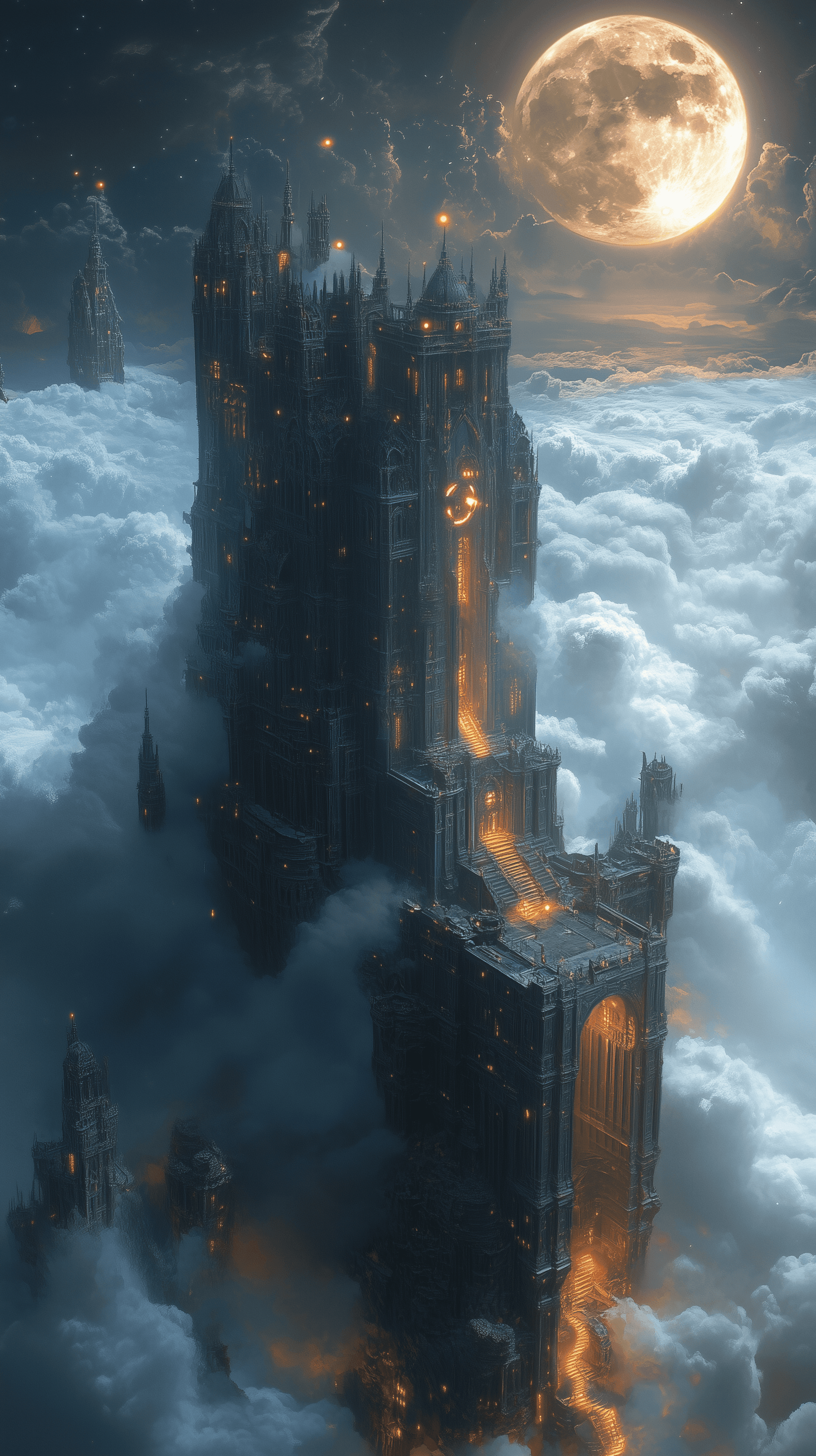 AI generated: wide-angle view, grand castle floating in a sky-filled with clouds surrounded by high altitudes, wit...