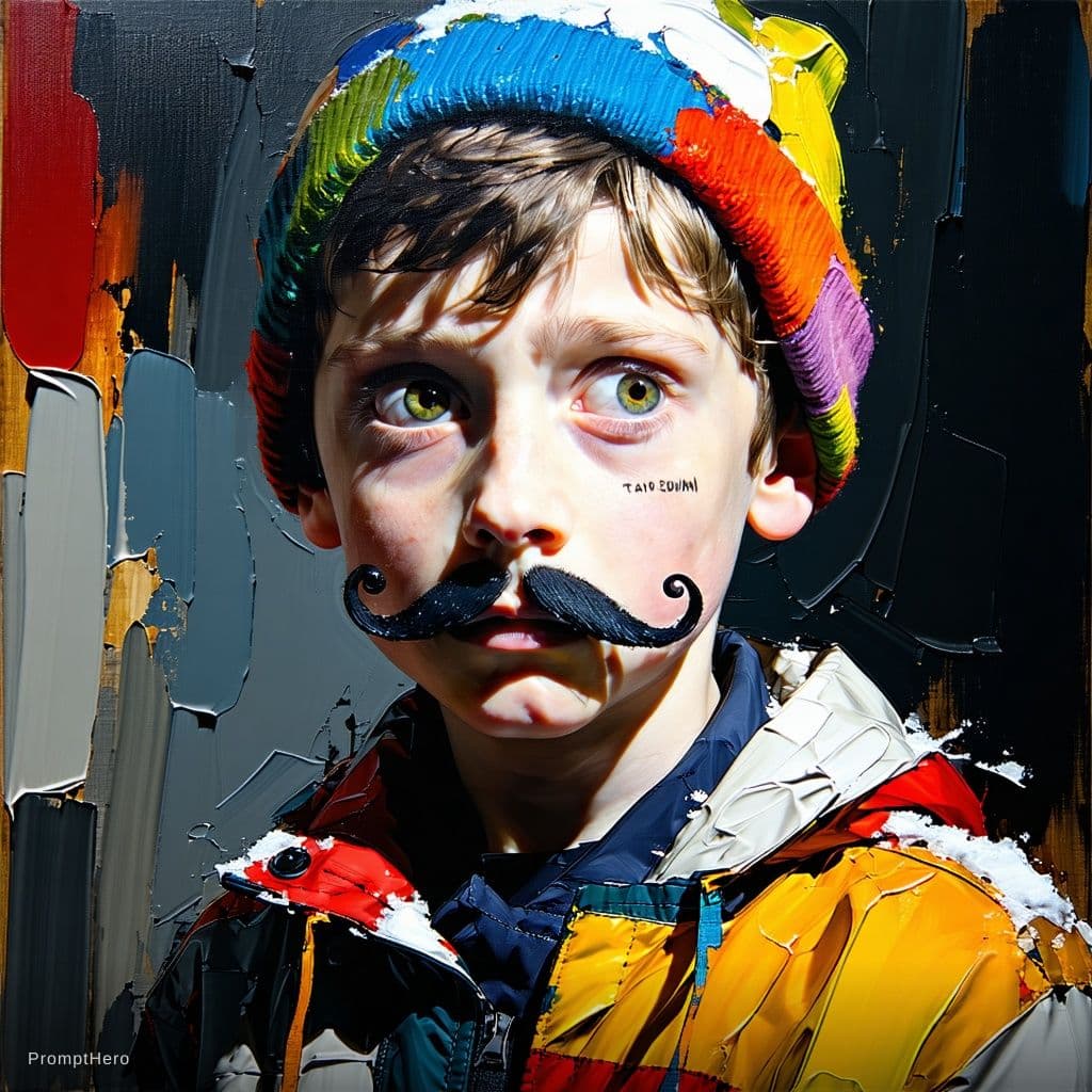 AI generated: Disco elysium style, colourful abstract brush strokes, paint portrait of a young innocent boy, with ...